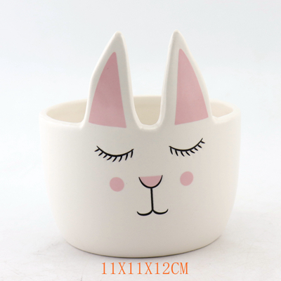 White and Pink Ceramic Rabbit Flower Pot