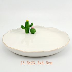 assiette décorative avec cactus debout peint à la main et jante en or