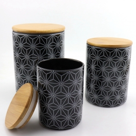 Lot de 3 contenants de farine en céramique couleur noire avec dessus en bambou
